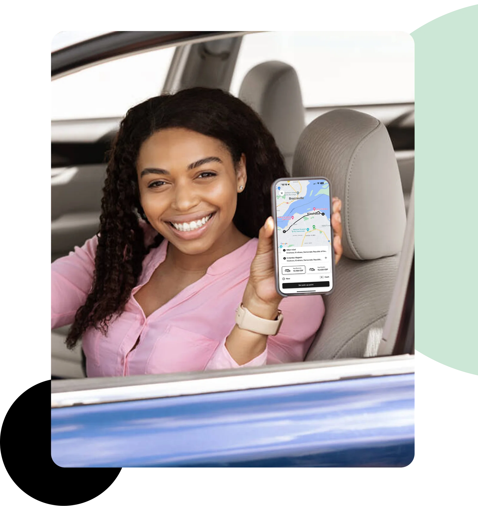 Yeyo rider holding up the app in the back seat